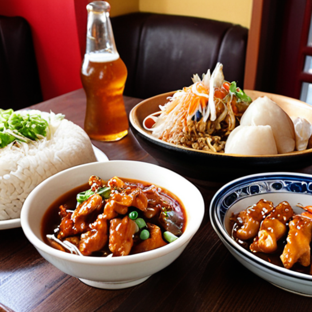 **Prompt:** A vibrant, appetizing Chinese lunch set on a table in a cozy "Chinees" restaurant in the Netherlands. Focus on the variety of dishes: babi pangang, tjap tjoy with chicken, and possibly a small dish of Gon Bao chicken. A traditional Dutch "biertje" sits beside the dishes. Soft, inviting lighting.