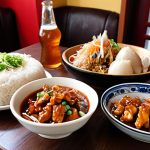 **Prompt:** A vibrant, appetizing Chinese lunch set on a table in a cozy "Chinees" restaurant in the Netherlands. Focus on the variety of dishes: babi pangang, tjap tjoy with chicken, and possibly a small dish of Gon Bao chicken. A traditional Dutch "biertje" sits beside the dishes. Soft, inviting lighting.