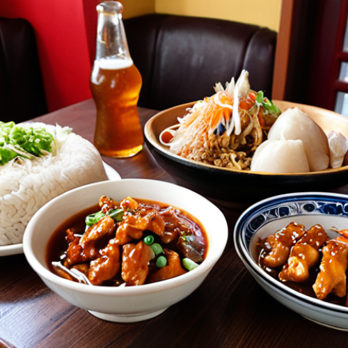 **Prompt:** A vibrant, appetizing Chinese lunch set on a table in a cozy "Chinees" restaurant in the Netherlands. Focus on the variety of dishes: babi pangang, tjap tjoy with chicken, and possibly a small dish of Gon Bao chicken. A traditional Dutch "biertje" sits beside the dishes. Soft, inviting lighting.