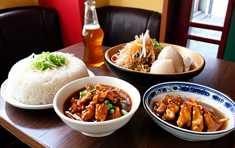 **Prompt:** A vibrant, appetizing Chinese lunch set on a table in a cozy "Chinees" restaurant in the Netherlands. Focus on the variety of dishes: babi pangang, tjap tjoy with chicken, and possibly a small dish of Gon Bao chicken. A traditional Dutch "biertje" sits beside the dishes. Soft, inviting lighting.