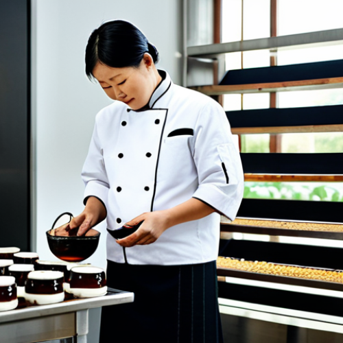 Home 7 A professional, fully clothed culinary expert in a clean, modest chef's coat, meticulously inspecting traditional Chinese soy sauce fermentation jars in a sunlit, modern food production facility. The scene emphasizes craftsmanship and authenticity, blending ancient techniques with modern hygiene standards. Natural pose, perfect anatomy, well-formed hands, correct proportions, appropriate content, safe for work, family-friendly, high-resolution, professional photography.