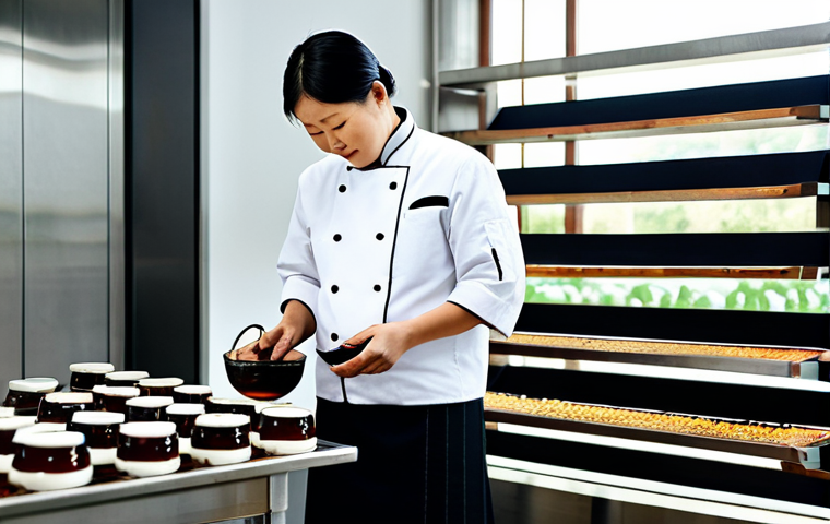 A professional, fully clothed culinary expert in a clean, modest chef's coat, meticulously inspecting traditional Chinese soy sauce fermentation jars in a sunlit, modern food production facility. The scene emphasizes craftsmanship and authenticity, blending ancient techniques with modern hygiene standards. Natural pose, perfect anatomy, well-formed hands, correct proportions, appropriate content, safe for work, family-friendly, high-resolution, professional photography.